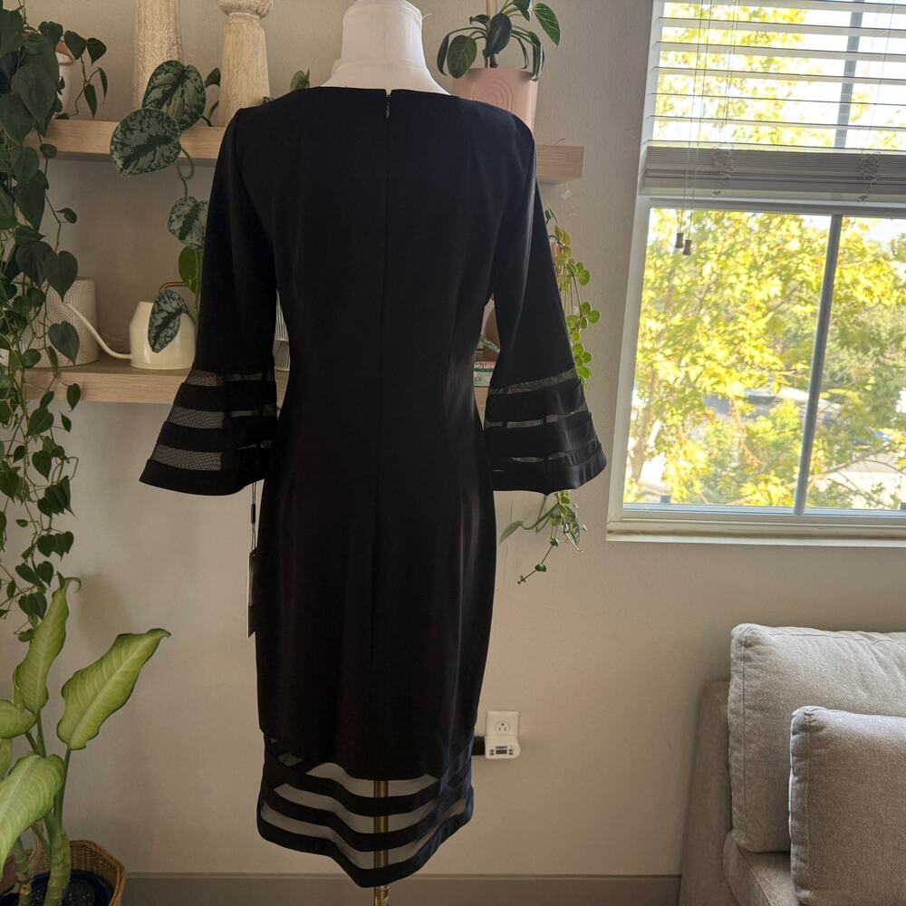 NWT Calvin Klein Black Bell Sleeve Sheer Stripe Sheath Midi Dress 6 Cocktail - Picture 3 of 10